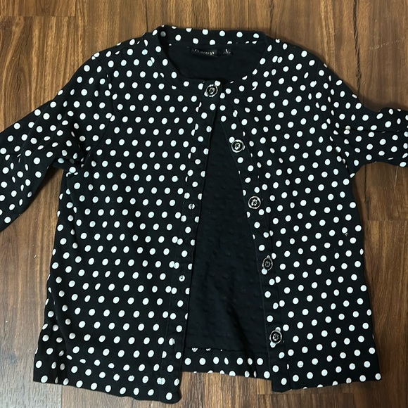 Black white polka dot sweater shirt jacket large onque casual 3/4 sleeves button - Picture 1 of 4